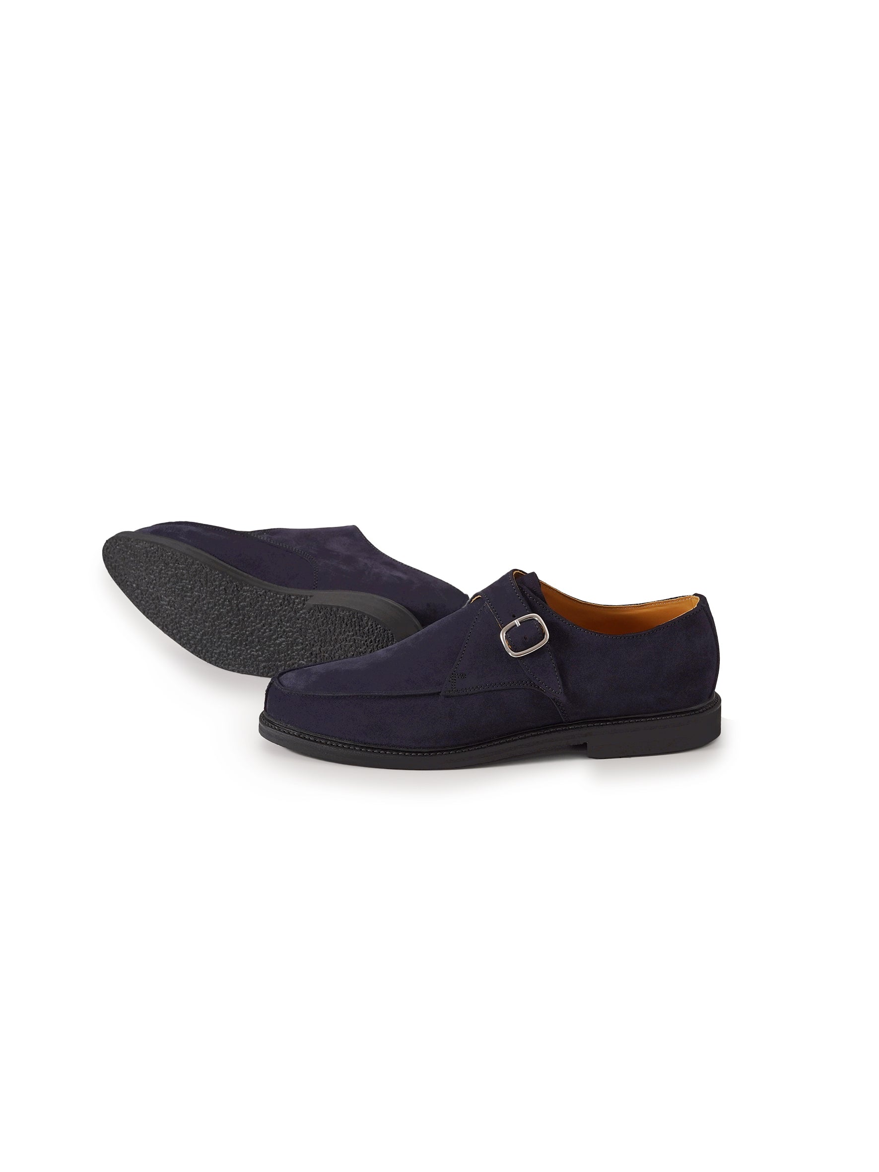 Dark blue suede monk with Norwegian seam and crepe sole